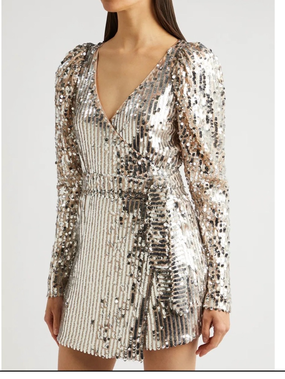 Rotate Silver Long Sleeve Sequin Wrap V-Neck Mini Midi Dress Size 8 NWT